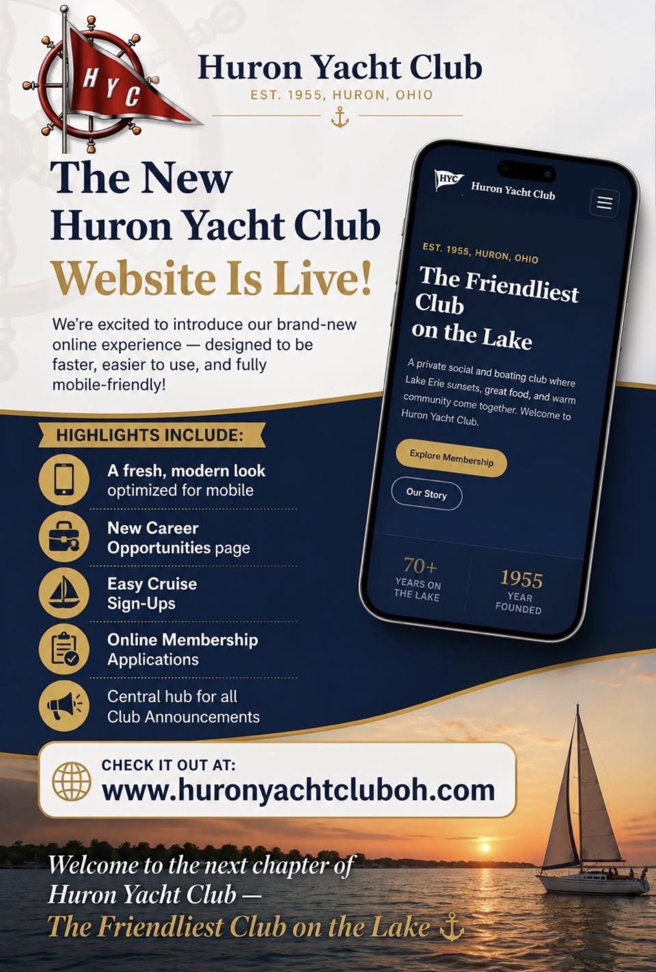 Huron Yacht Club new website announcement